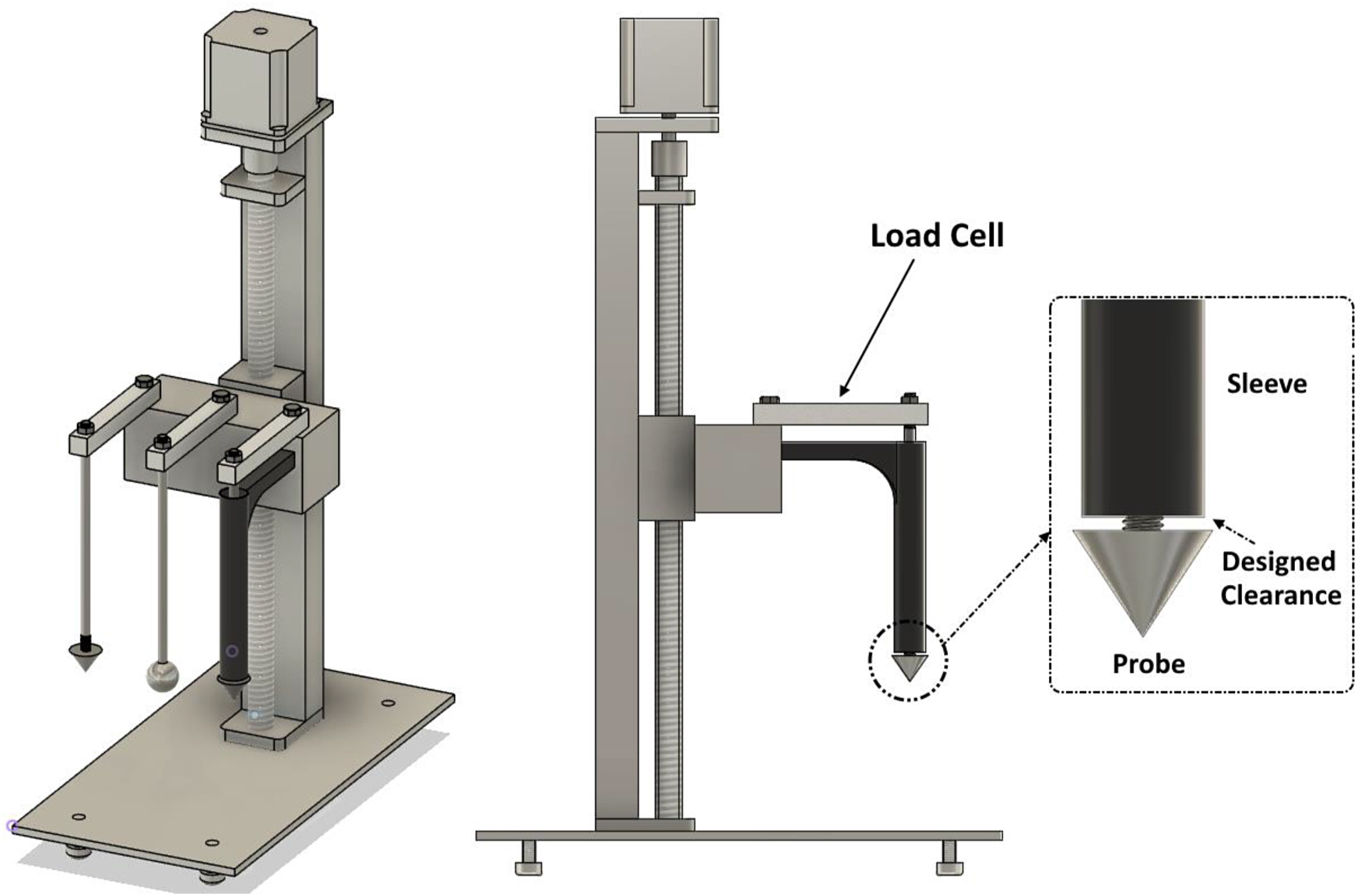Diagram of prototype showing the load cell with the sleeve, designed clearance and probe